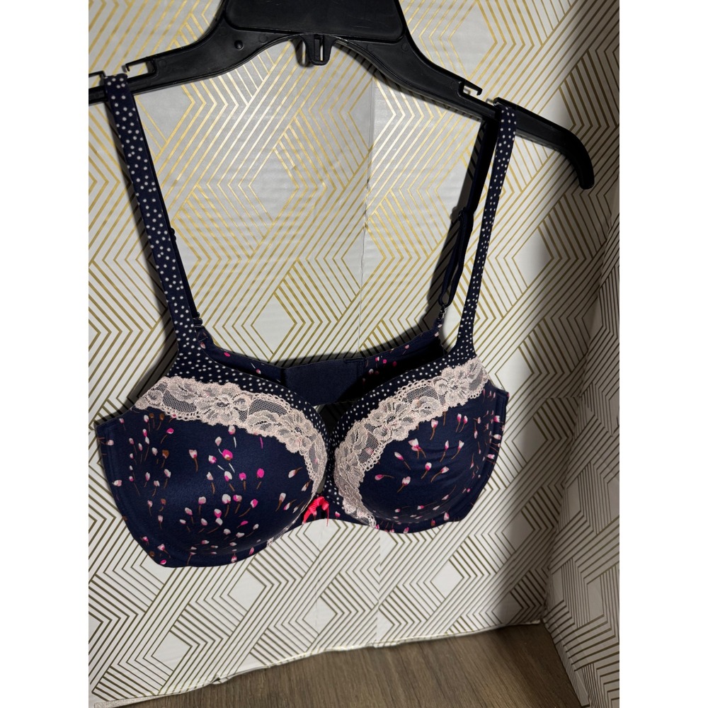 Victorias Secret Body by Victoria Push-Up Bra 36D Navy Floral Pink Lace Trim